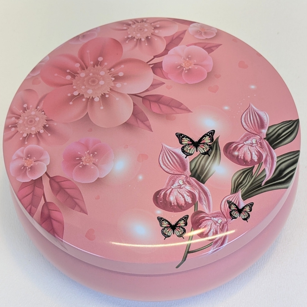 Citronella Soy Wax Candle Pink Butterfly Floral Design Tin 12oz - Picture 2 of 3